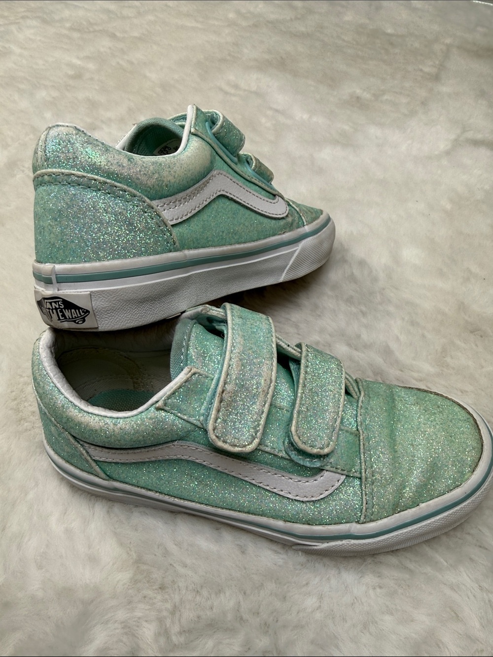 Vans Old Skool V Kids 13 Mint Aqua Iridescent Glitter Hook & Loop Sneaker Skater